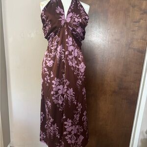 Reformation Maddison Dress Kiana Brown Purple Floral Silk Halter Midi